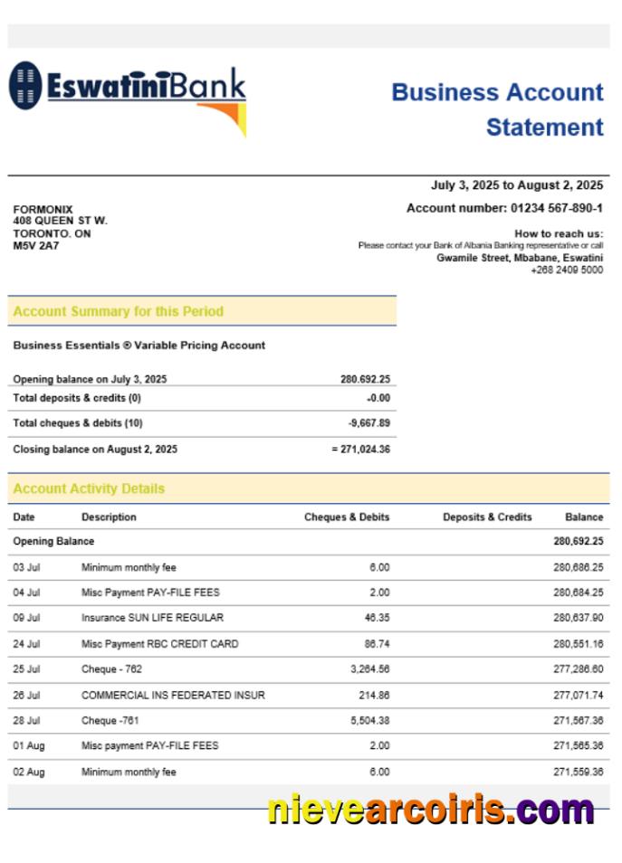 Swazibank Limited company checking account statement
